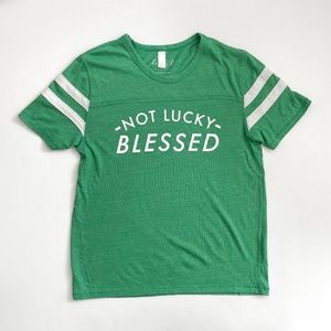 The Light Blonde NOT LUCKY BLESSED Scoop Neck Short Sleeve Football Tee Size L